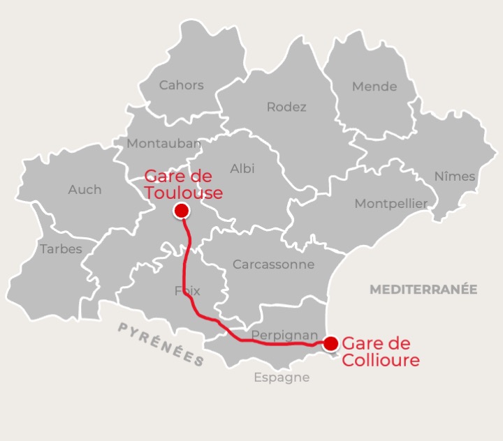 Carte - Toulouse à Collioure en train par les Pyrénées